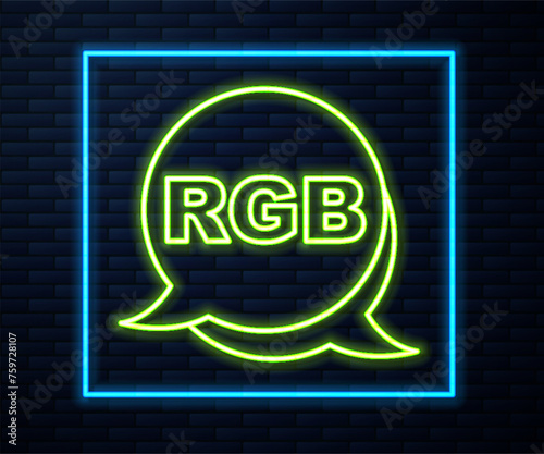 Glowing neon line Speech bubble with RGB and CMYK color mixing icon isolated on brick wall background. Vector