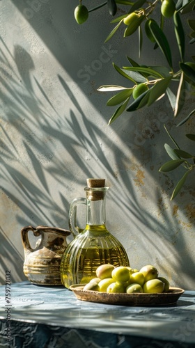 real photo of olives and olive oil , morning shot, simple clear background