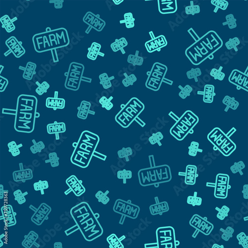 Green line Location farm icon isolated seamless pattern on blue background. Vector © Kostiantyn
