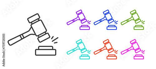 Black line Auction hammer icon isolated on white background. Gavel - hammer of judge or auctioneer. Bidding process, deal done. Auction bidding. Set icons colorful. Vector