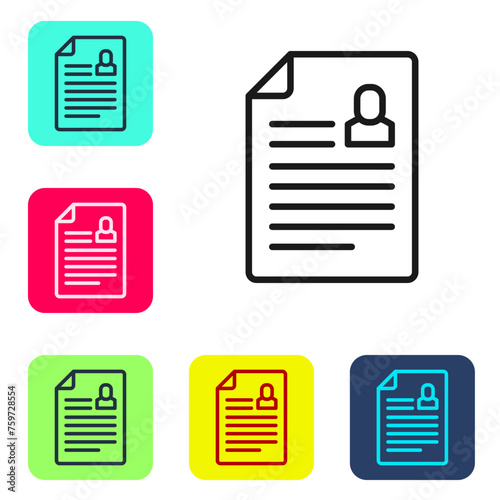 Black line Resume icon isolated on white background. CV application. Searching professional staff. Analyzing personnel resume. Set icons in color square buttons. Vector