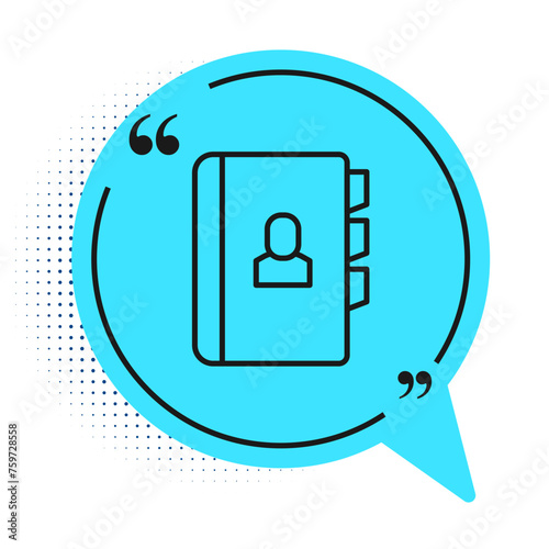 Black line Resume icon isolated on white background. CV application. Searching professional staff. Analyzing personnel resume. Blue speech bubble symbol. Vector