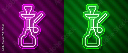 Glowing neon line Hookah icon isolated on purple and green background. Vector