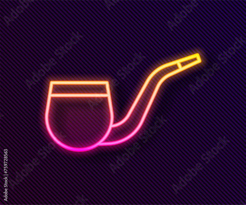 Glowing neon line No pipe smoking icon isolated on black background. Dont smoke. Tobacco pipe. Vector