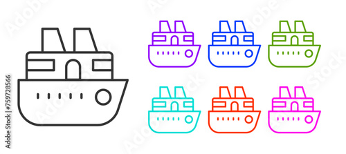 Black line Cruise ship icon isolated on white background. Travel tourism nautical transport. Voyage passenger ship, cruise liner. Worldwide cruise. Set icons colorful. Vector