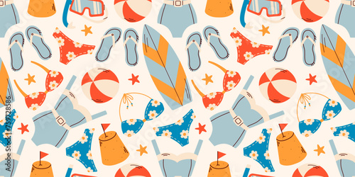 Resort summer beach seamless pattern. Travel along the sea coast. Water recreation. Exotic tropics. Swimsuits, flip-flops, starfish, surfboards. Seamless stylish pattern on a summer theme.