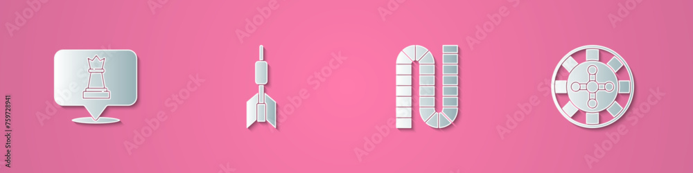Set paper cut Chess, Dart arrow, Board game and Casino roulette wheel icon. Paper art style. Vector Set paper cut Chess, Dart arrow, Board game and Casino roulette wheel icon. Paper art style. Vector