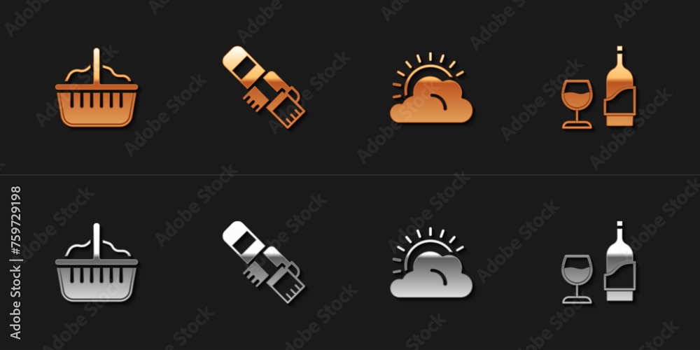 Set Basket, Winter scarf, Sun and cloud weather and Wine bottle with glass icon. Vector
