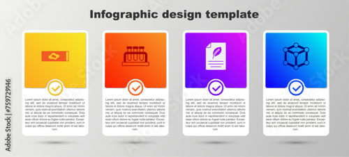 Set Blood test and virus, Test tube flask, Eco paper with leaf and Molecule. Business infographic template. Vector