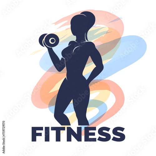 Fitness Logo presenting Woman with Dumbbell isolated on White
