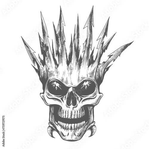 Horror Skull in Sharp Bone Crown Engraving Tattoo
