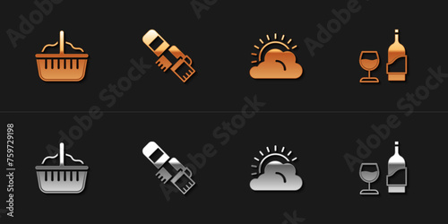 Set Basket, Winter scarf, Sun and cloud weather and Wine bottle with glass icon. Vector © Kostiantyn