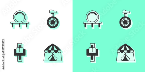 Set Circus tent, Roller coaster, Attraction carousel and Unicycle or one wheel bicycle icon. Vector