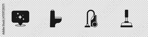 Set Home cleaning service, Toilet bowl, Vacuum cleaner and Rubber plunger icon. Vector