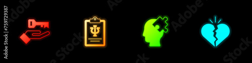 Set Solution to the problem, Psychology, Psi, and Broken heart or divorce icon. Vector