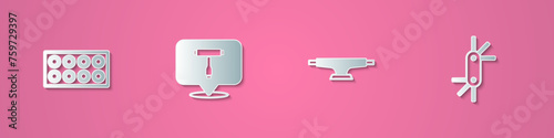 Set paper cut Skateboard wheel, T tool, and Tool allen keys icon. Paper art style. Vector
