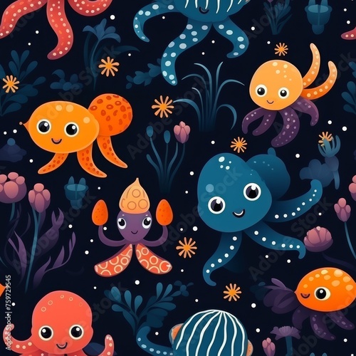 Cute sea creatures seamless pattern for childrens design - octopus, shell, starfish, crab © Daria