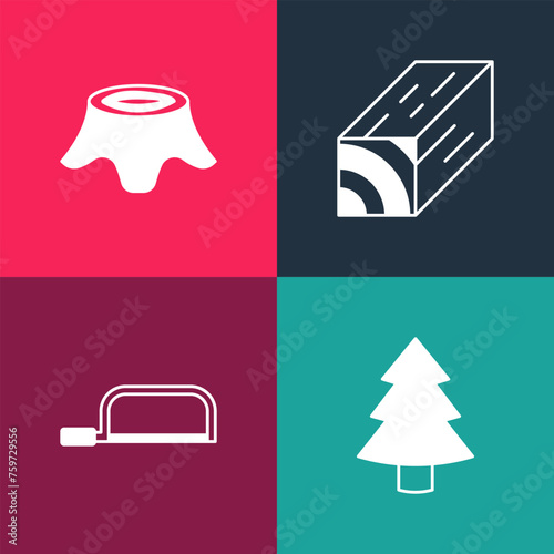 Set pop art Christmas tree, Hacksaw, Wooden beam and Tree stump icon. Vector