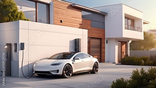 Generic electric vehicle EV hybrid car is being charged from a wallbox on a contemporary modern residential building house. Technology of home charging for electric vehicles photo