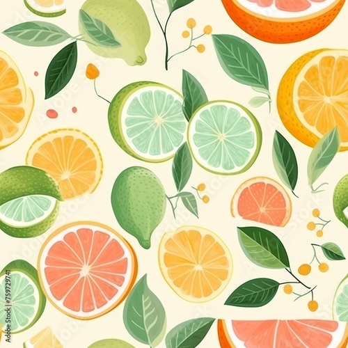Bright and vibrant hand drawn watercolor citrus fruit seamless pattern for backgrounds and designs