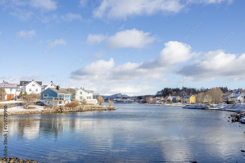 Easter snow has arrived with sun and cold weather in Brønnøysund town, Helgeland, Norway