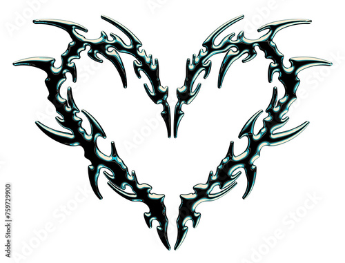 Neo tribal 3D metallic heart tattoo. Gothic shape, abstract love logo with spike photo