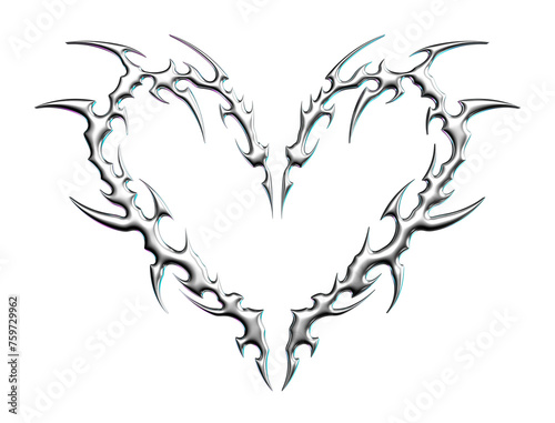 Neo tribal 3D metallic heart tattoo. Gothic shape, abstract love logo with spike photo