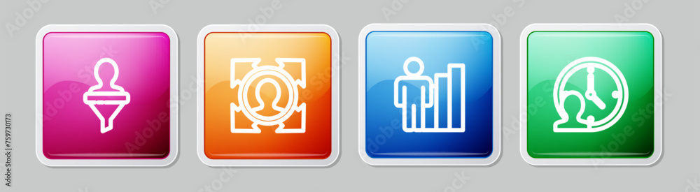 Set line Head hunting, , Productive human and Time Management. Colorful square button. Vector Set line Head hunting, , Productive human and Time Management. Colorful square button. Vector