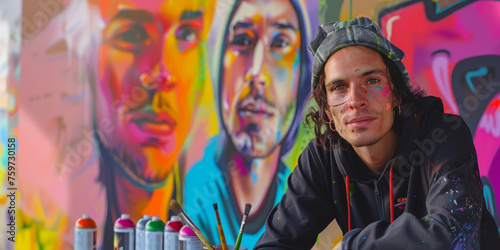 An urban artist sits proudly before his colorful graffiti mural, showcasing creativity and street culture
