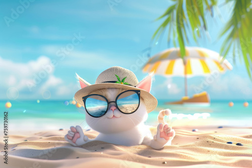 A cute 3D cartoon cat wearing sunglasses and a sun hat is chilling on the sandy beach enjoying the summer vibes. by AI generated image © chartchai