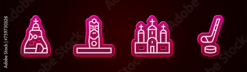 Set line The Tsar bell, Slavic pagan idol, Church building and Ice hockey stick and puck. Glowing neon icon. Vector