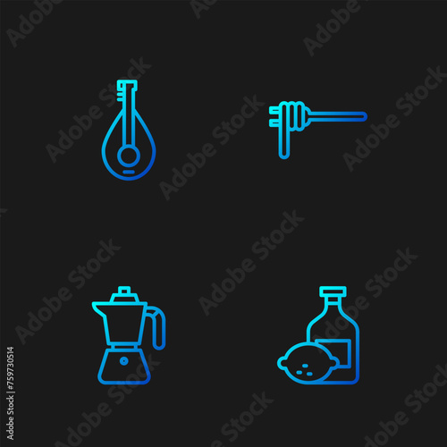 Set line Limoncello bottle, Coffee moca pot, Mandolin and Pasta spaghetti. Gradient color icons. Vector
