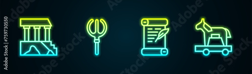 Set line Parthenon, Neptune Trident, Decree, parchment, scroll and Trojan horse. Glowing neon icon. Vector