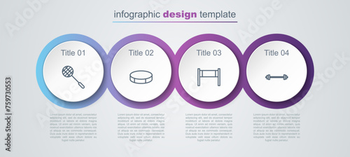 Set line Tennis racket, Hockey puck, Volleyball net and Barbell. Business infographic template. Vector