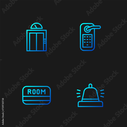 Set line Hotel service bell, key card, Lift and Digital door lock. Gradient color icons. Vector
