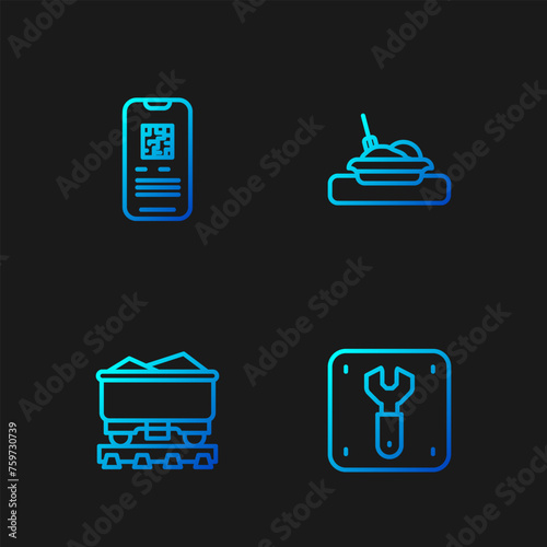 Set line Repair of railway, Coal train wagon, E-ticket and Plate with food. Gradient color icons. Vector