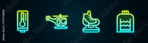 Set line Meteorology thermometer, Rescue helicopter, Skates and Christmas sweater. Glowing neon icon. Vector photo