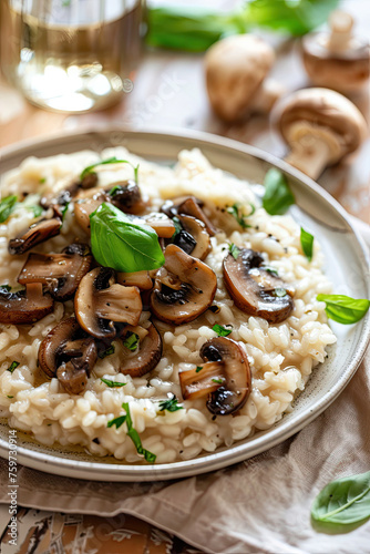 Delicious Mushroom Risotto on a Wooden Table