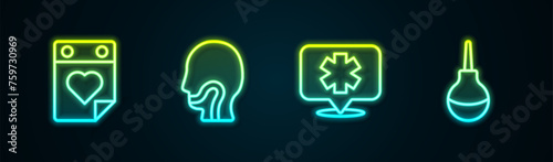 Set line Doctor appointment, Sore throat, Medical symbol of the Emergency and Enema. Glowing neon icon. Vector