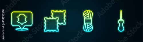 Set line Leather, Textile fabric roll, Yarn and Awl tool. Glowing neon icon. Vector