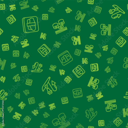 Set line Sushi on cutting board, Fishing harpoon and on seamless pattern. Vector