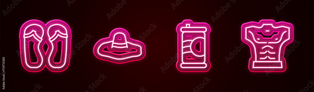 Fototapeta premium Set line Flip flops, Elegant women hat, Soda can and Bodybuilder muscle. Glowing neon icon. Vector