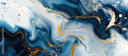 Abstract fluid art background with swirling paint patterns in blue, gold, and white colors. Suitable for interior decor posters.