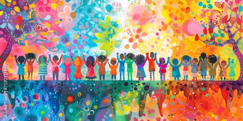 A vibrant and colorful illustration of diverse children standing on a bridge, holding hands with each other in celebration. 