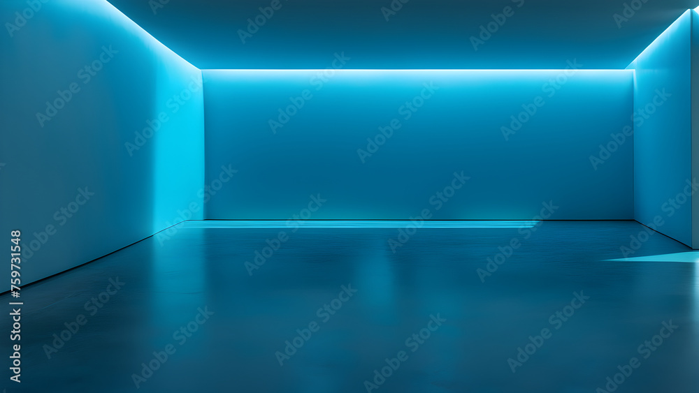 A blank house with blue walls and sunlight shining through the windows for product display, with text left blank