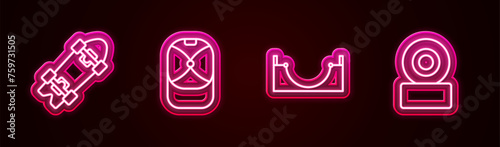 Set line Longboard or skateboard, Baseball cap, Skate park and Skateboard wheel. Glowing neon icon. Vector