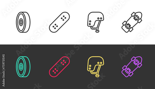 Set line Skateboard ball bearing, , helmet and on black and white. Vector