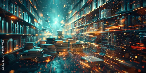 Digital art of books and data flowing from them, symbolizing the impact on knowledge during metaverse transformation in education. 