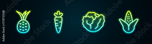 Set line Pineapple, Carrot, Cabbage and Corn. Glowing neon icon. Vector