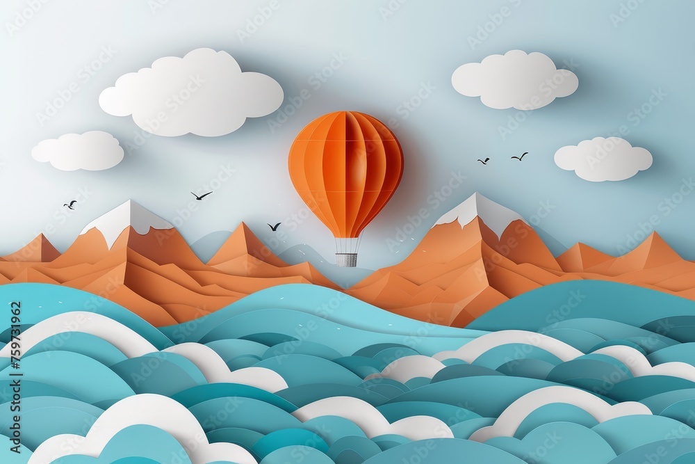 Hot air balloon floating over blue ocean waves with brown mountains in the background. 